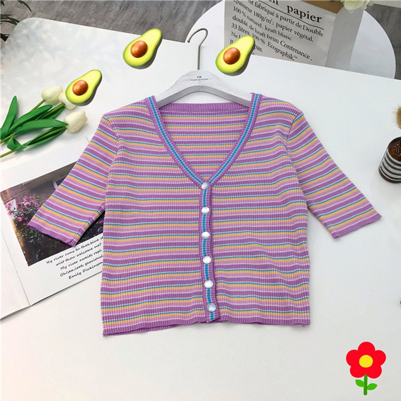 Áo Croptop dệt kim tay ngắn hoạ tiết kẻ sọc cho phái nữ | BigBuy360 - bigbuy360.vn