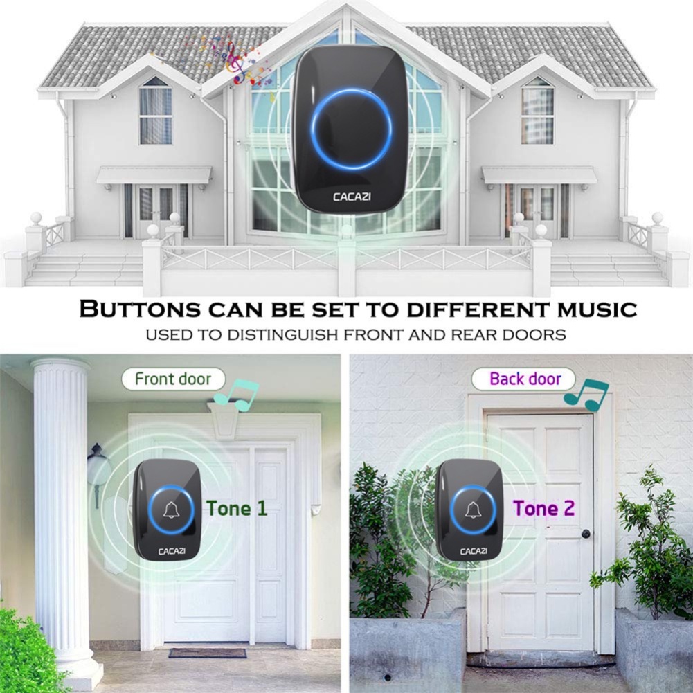 CACAZI không dây chuông cửa Chuông cửa không thấm nước tường cắm trong Loud kêu vang LED flash 123 okase