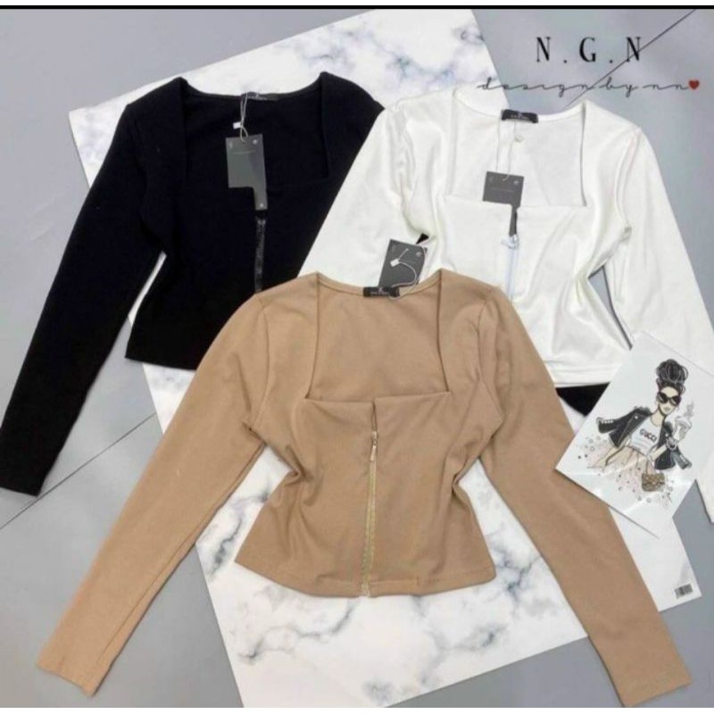 áo croptop tay dài cổ vuông khoá kéo chất sịn