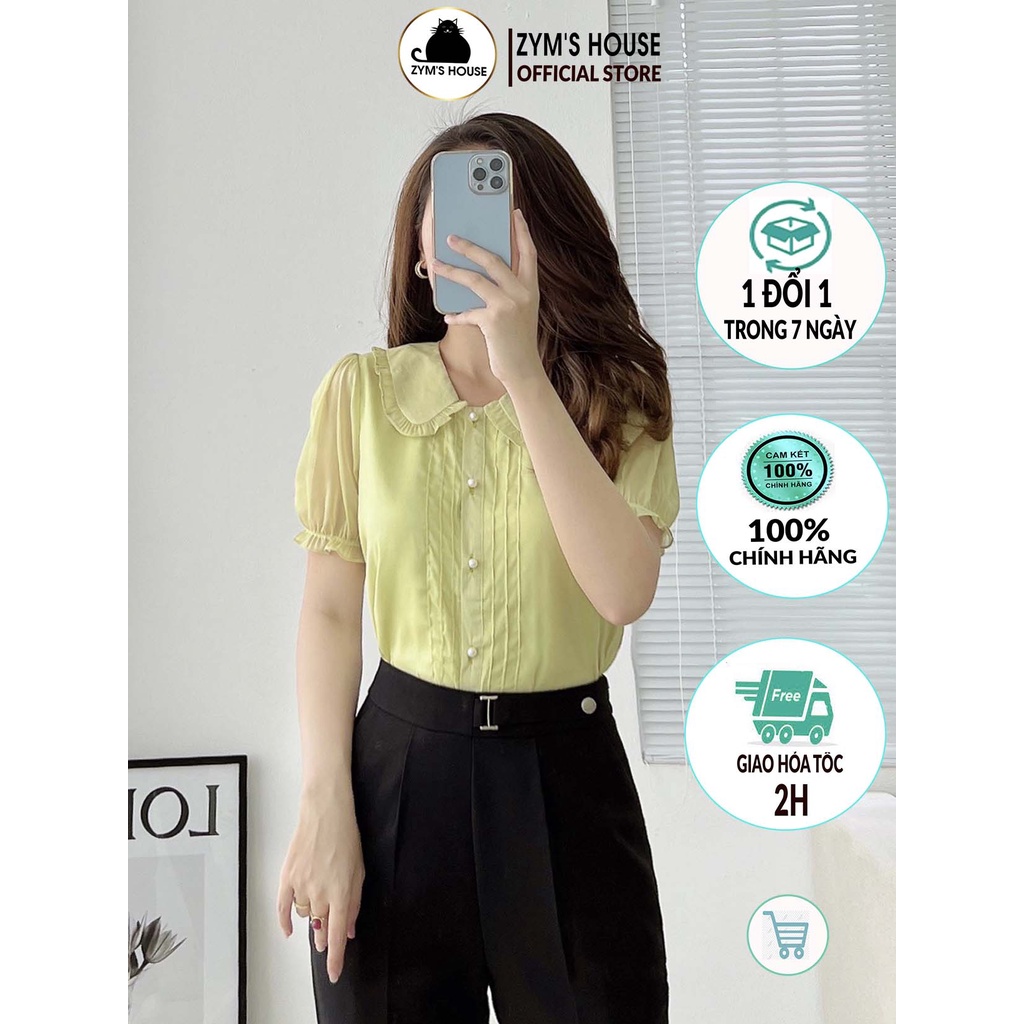 Áo sơ mi nữ ngắn tay cổ sen xếp ly thân phối cúc ngọc ZYM'S HOUSE K1577, K1578, K1579, K1580
