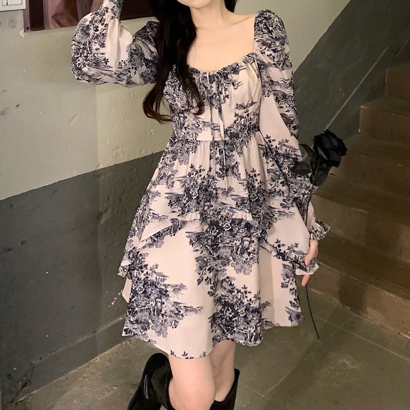 Váy nữ đầm phong cách mực cổ điển mới của Pháp thiết kế cổ vuông cổ tích vintage Pasana0003v ( Tặng ví)