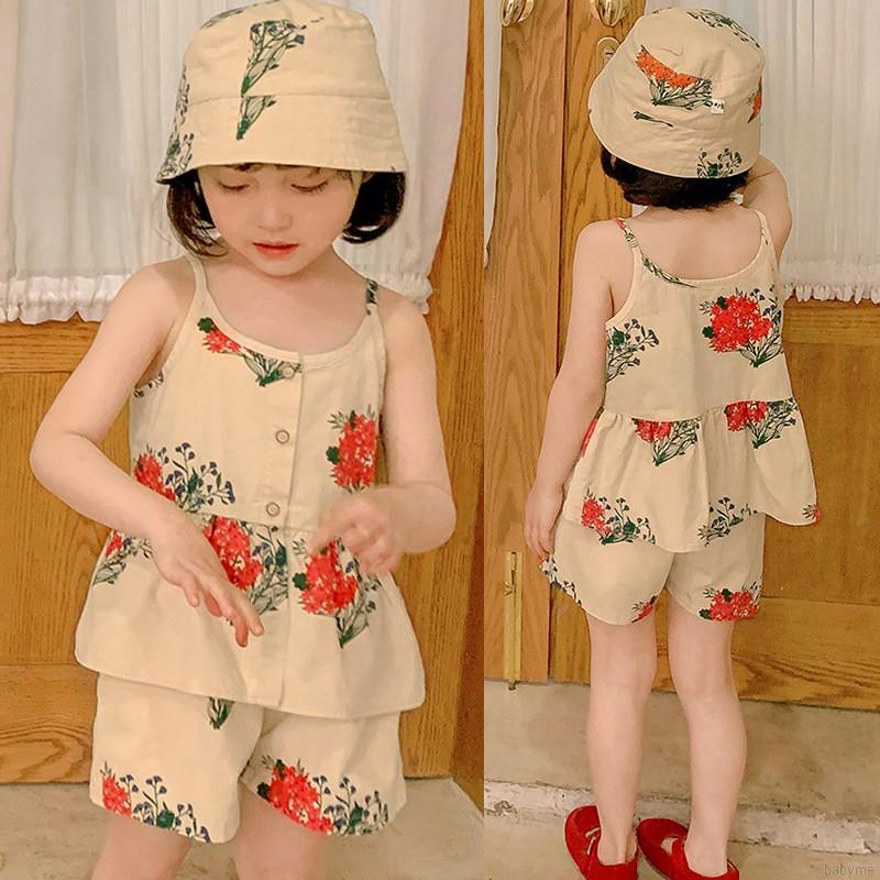 Bộ Đồ 3 Món Gồm Áo Hai Dây + Quần Short + Mũ In Hoa Thời Trang Mùa Hè Cho Bé Gái