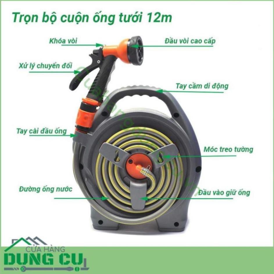 Bộ vòi rửa xe, tưới cây thu cuộn dây ống dài 12m Ống nước siêu bền, không gập, không xoắn, chịu áp lực cao