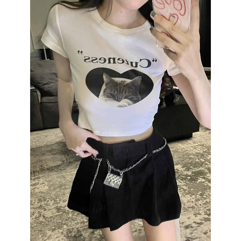 Áo Thun Ngắn Tay Dáng Ôm In Hình Mèo Dễ Thương 51128