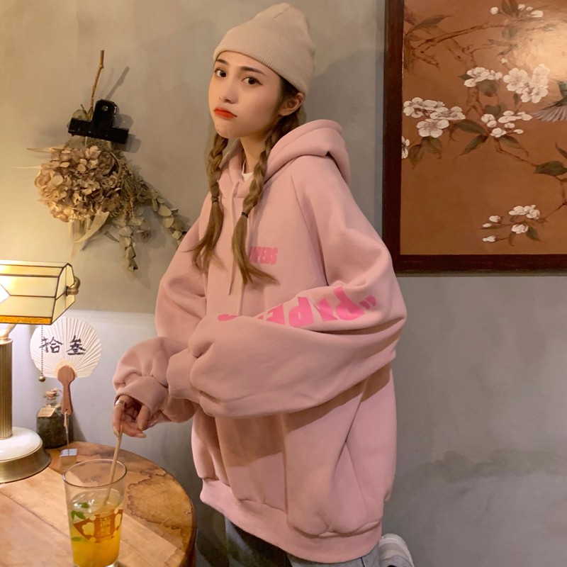 Áo hoodie Ulzzang nữ form rộng in chữ màu trắng hồng chất nỉ đẹp order quảng châu BST áo thu đông unisex Ulzzang