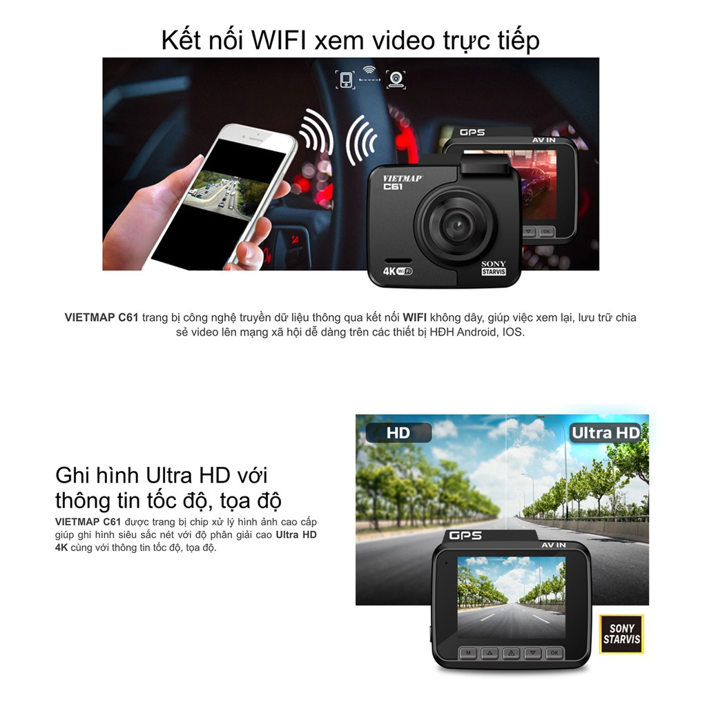 Camera Hành Trình Ô tô VietMap C61 Thẻ 32GB | Cảnh Báo Giao Thông Bằng Giọng Nói | Hàng Chính Hãng