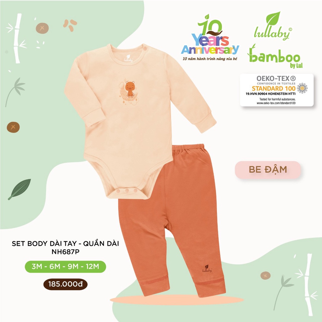 Set Body dài tay quần dài Lullaby Bamboo gấu ngủ cao cấp mềm mịn thoáng mát thấm hút tốt cho bé trai bé gái NH687P