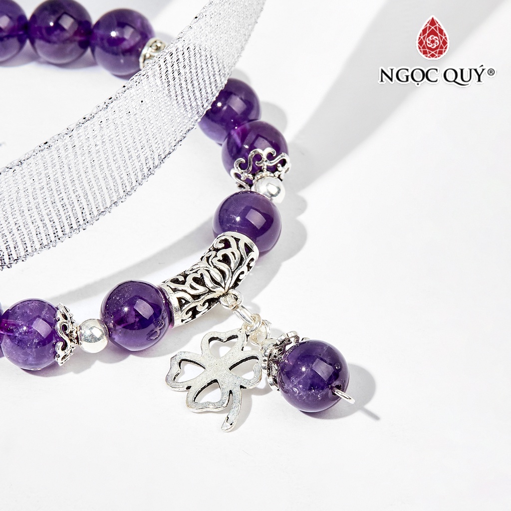 Vòng tay TA tím phối charm cỏ 4 lá - Ngọc Quý