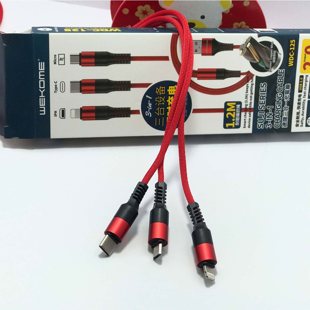[ Chính Hãng] CÁP 3 ĐẦU REMAX WK WDC- 125 3in1 phù hợp mọi dòng máy, iphone ss oppo, type c, sạc 3 điện thoại, bọc dù