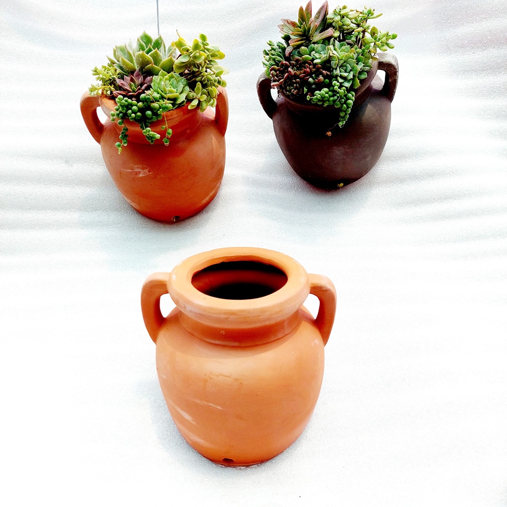 Chậu đất nung, Chậu sen đá - Ốp tường quai - miệng chậu 9cm, chiều cao 17cm