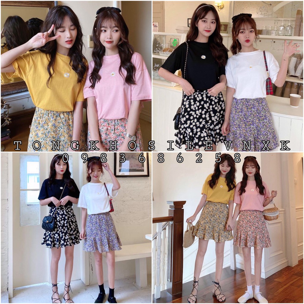(Hàng QC 4 MÀU) SET CHÂN VÁY HOA NHÍ VINTAGE ĐUÔI BÈO TÍM HỒNG VÀNG ĐEN MIX ÁO THUN DAISY THÊU HOA VÀNG HỒNG TRẮNG ĐEN