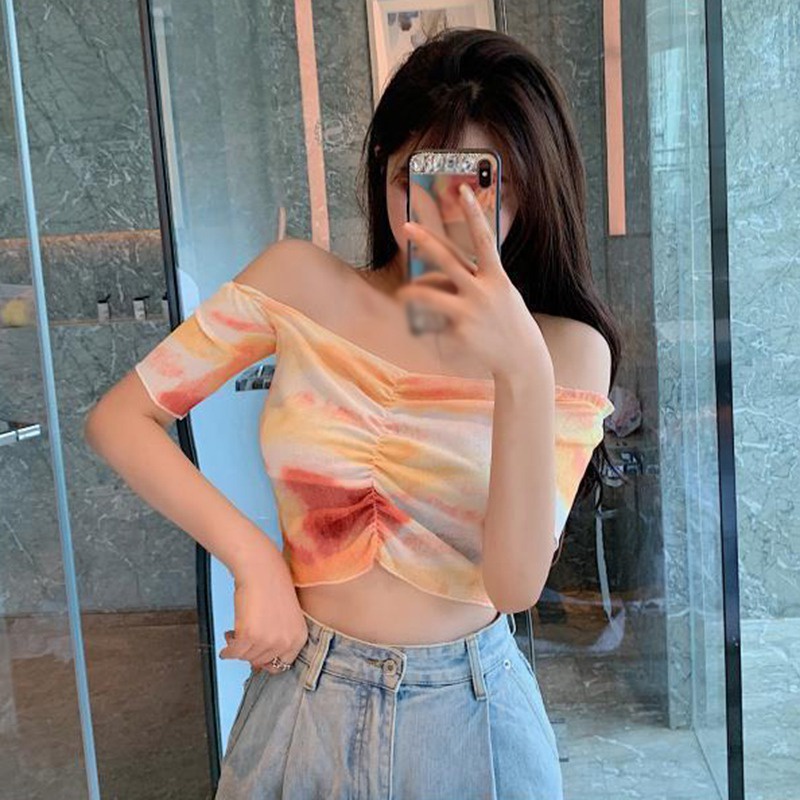 Áo Thun Tay Ngắn Trễ Vai Nhuộm Màu Dáng Ôm Phong Cách Hàn Quốc Quyến Rũ