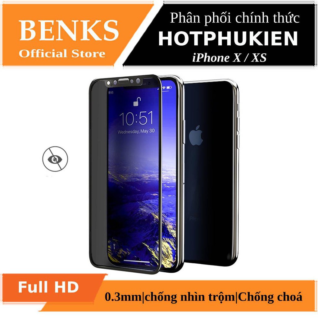 Miếng dán kính cường lực chống nhìn trộm hiệu Benks dành cho iPhone X / iPhone XS (Mỏng 0.3mm, Full HD, chống lóa)