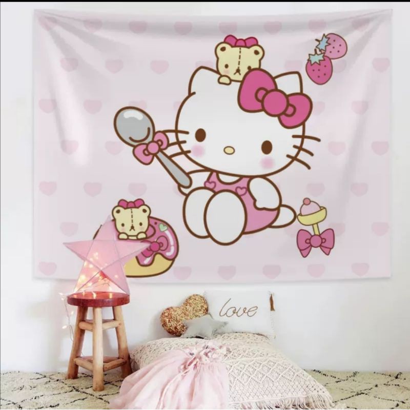 (SẴN) Thảm treo tường decor họa tiết HELLO KITTY Tặng kèm móc treo