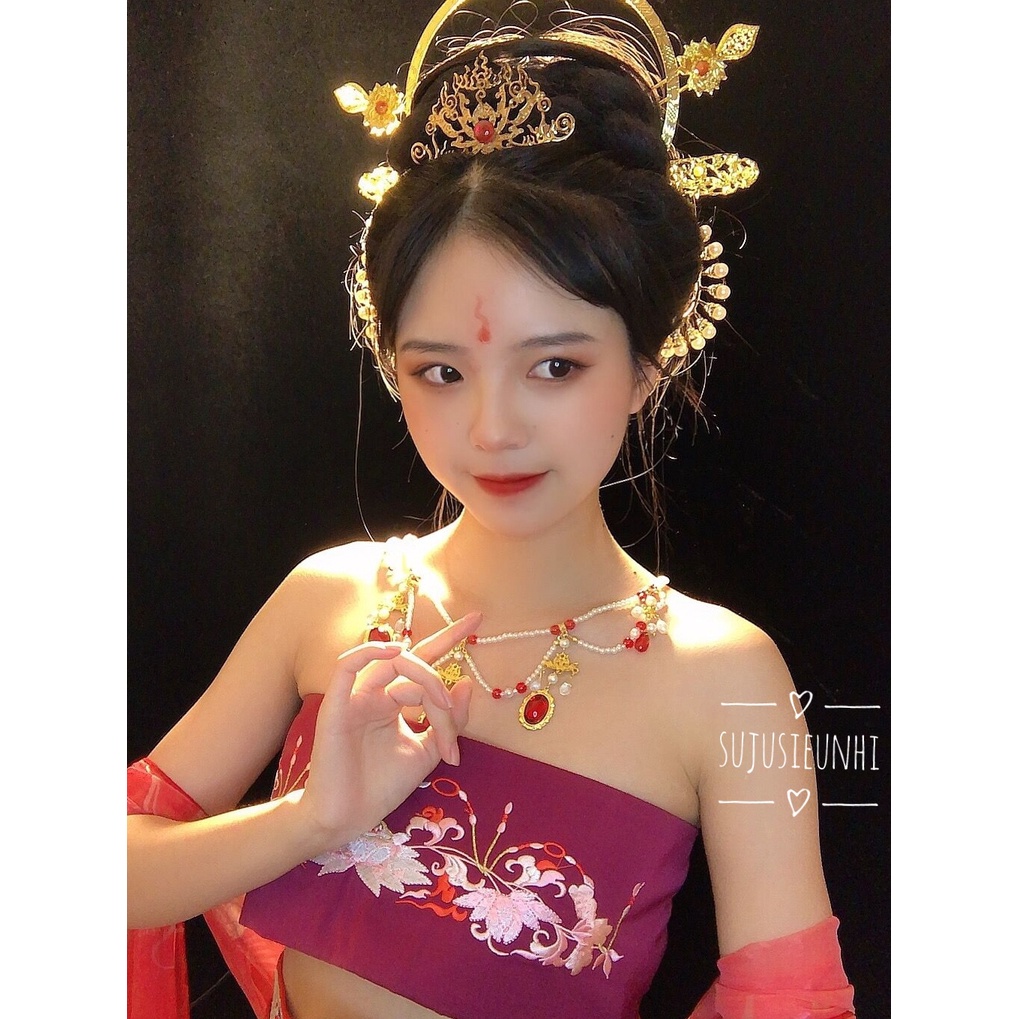 2 mẫu vòng ngọc nhân tạo màu đỏ đeo cổ, đeo trán phong cách cổ xưa Trung Hoa