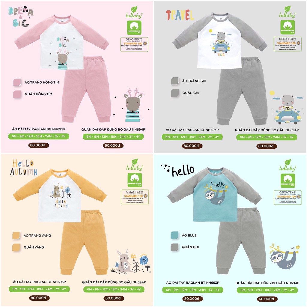 [CHÍNH HÃNG] Bộ dài tay cotton raglan họa tiết trẻ em Lullaby Thu đông 2021