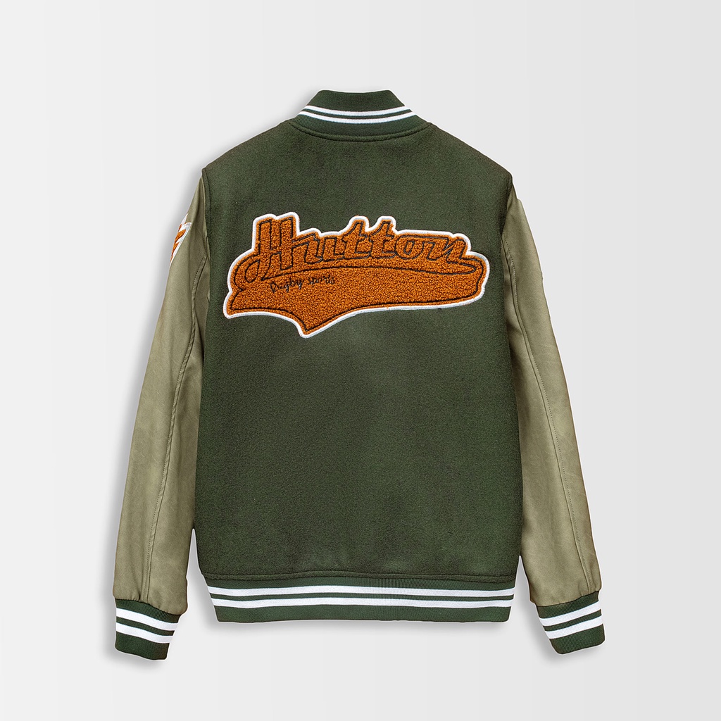 Áo Varsity HUTTON Dạ Rêu Thêu R Tay Da Màu Rêu