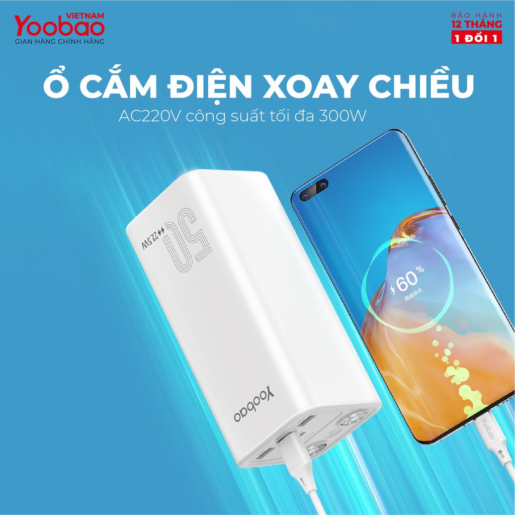 Pin sạc dự phòng YOOBAO H5 dung lượng 50000 mAh, tích hợp đèn pin siêu sáng, hỗ trợ các giao thức sạc nhanh