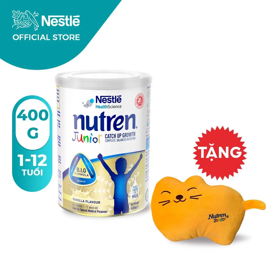 [Tặng 01 Gối con mèo] Sữa bột Nutren Junior cho trẻ từ 1-12 tuổi lon 400g