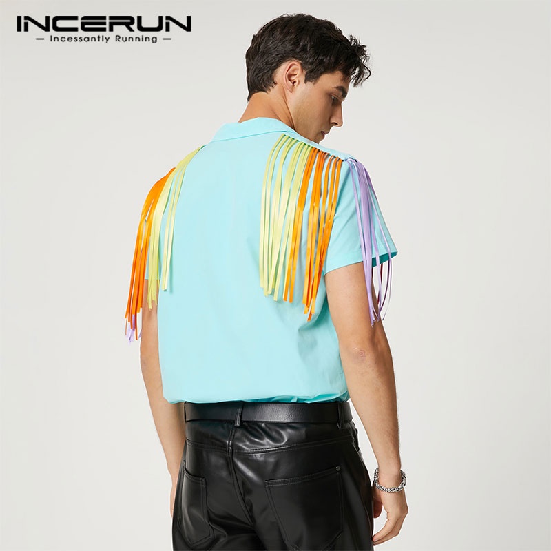 Áo sơ mi INCERUN ngắn tay tua rua nhiều màu thời trang cho nam