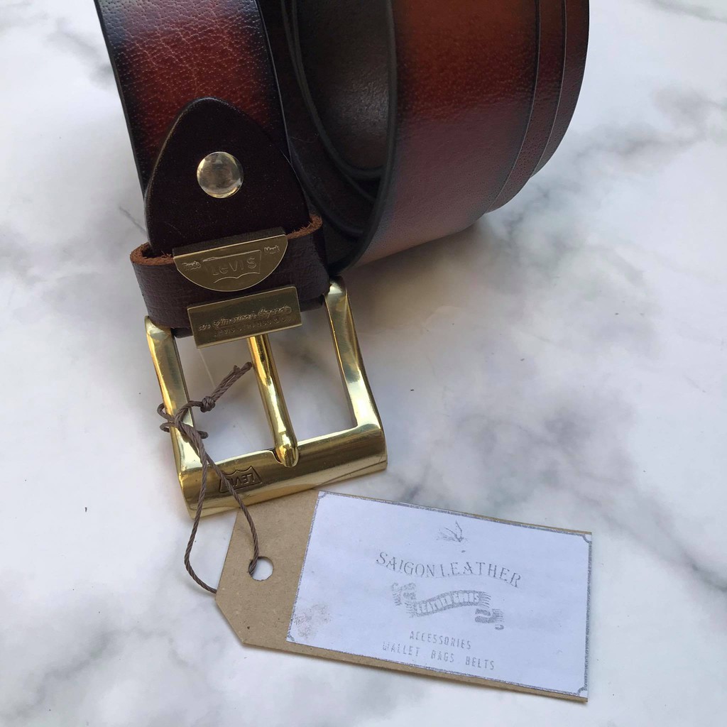 Dây Nịt Da Bò Tự Nhiên Viền Đen - Mặt Đồng Đúc Nguyên Khối LB006