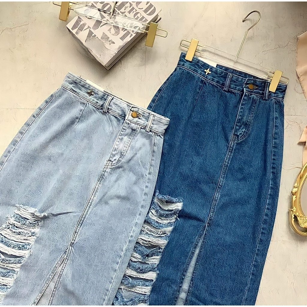 Happy-store ❤️ Chân Váy Jeans Nữ Rách Dáng Chữ A ❤️ Váy Bò Dài Xẻ Vạt Fullsize 2 Màu