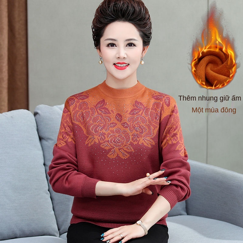 Quần áo phụ nữ trung niên cộng với sơ mi đáy của mẹ cashmere len ngắn mùa đông cho người và cao tuổi, kiểu dáng ấm áp nư