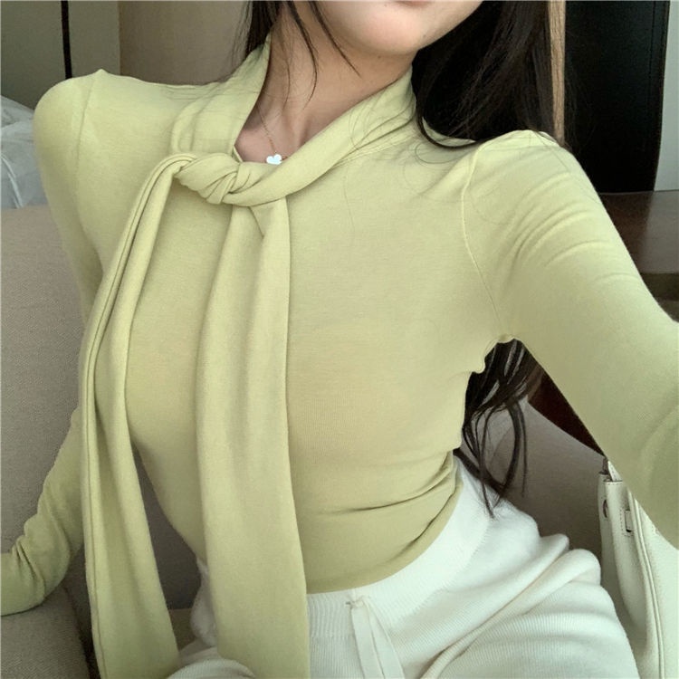 Áo thun COZOKC tay dài cổ cao thắt dây dáng ôm thời trang cá tính cho nữ