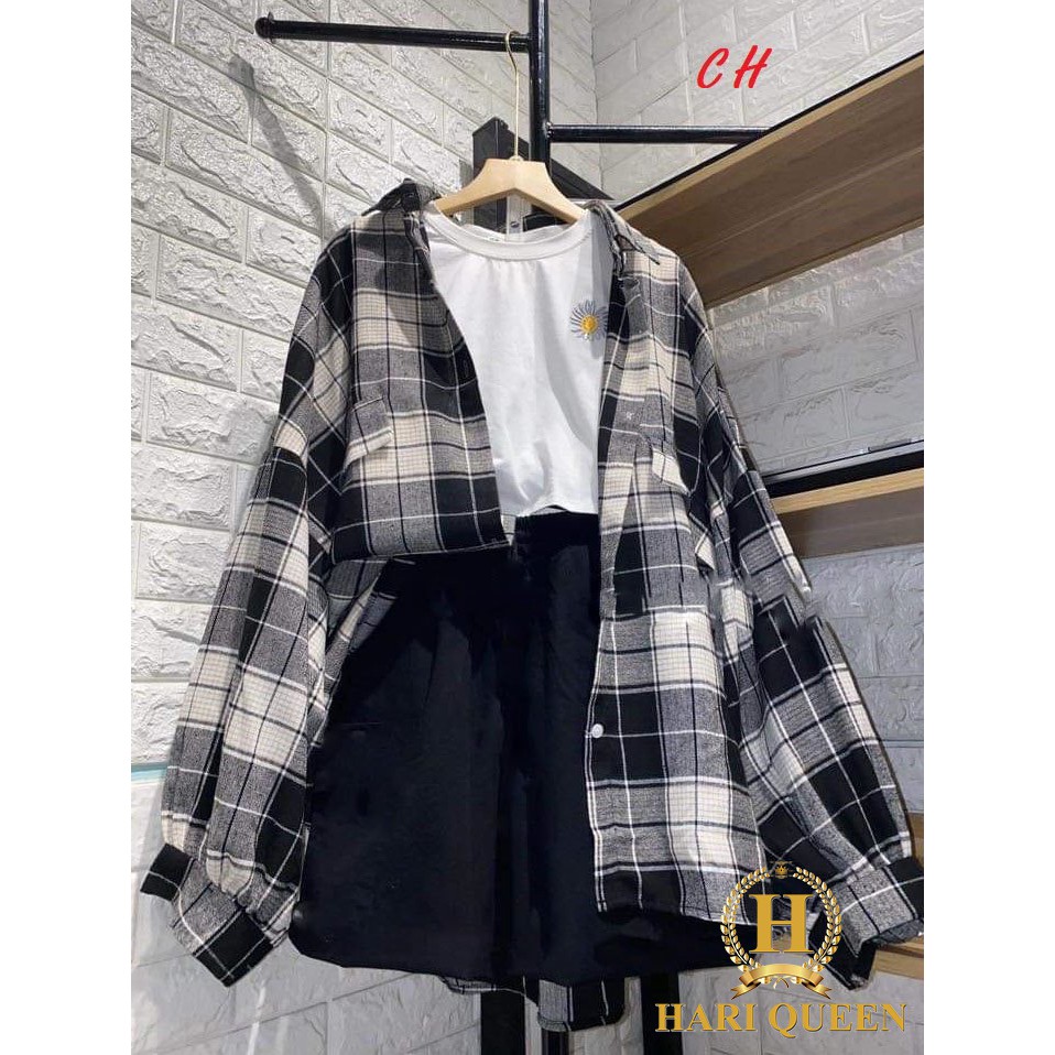 Sét 2 món sơ mi kẻ + áo croptop hoa cúc COH0620