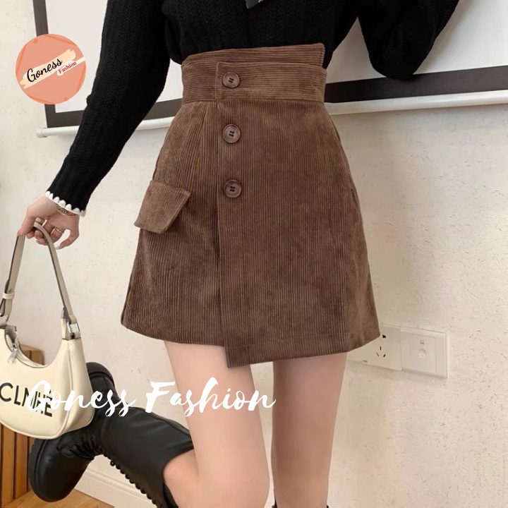 Chân váy ngắn Goness cạp cao vải nhung tăm vạt lệc phối 3 cúc siêu tôn dáng | BigBuy360 - bigbuy360.vn