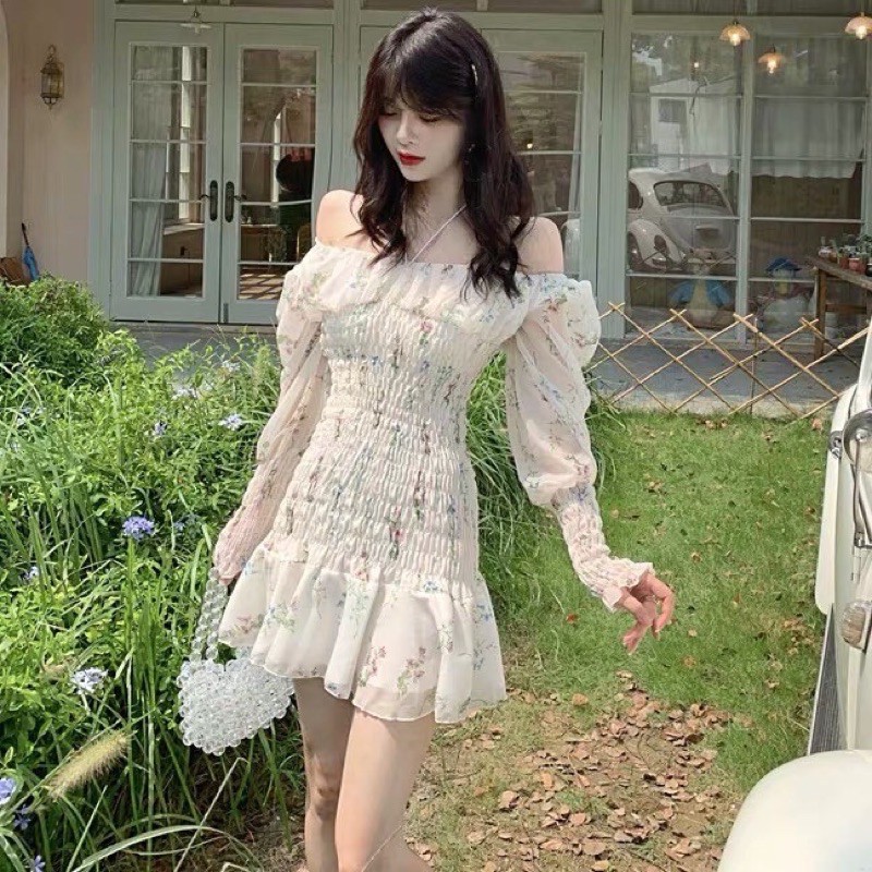 SẴN🖤Váy bánh bèo ulzzang tiểu thư trễ vai chân xoè đuôi cá Hoạ Tiết hoa nhí ôm body bo chun đi tiệc sang chảnh | BigBuy360 - bigbuy360.vn