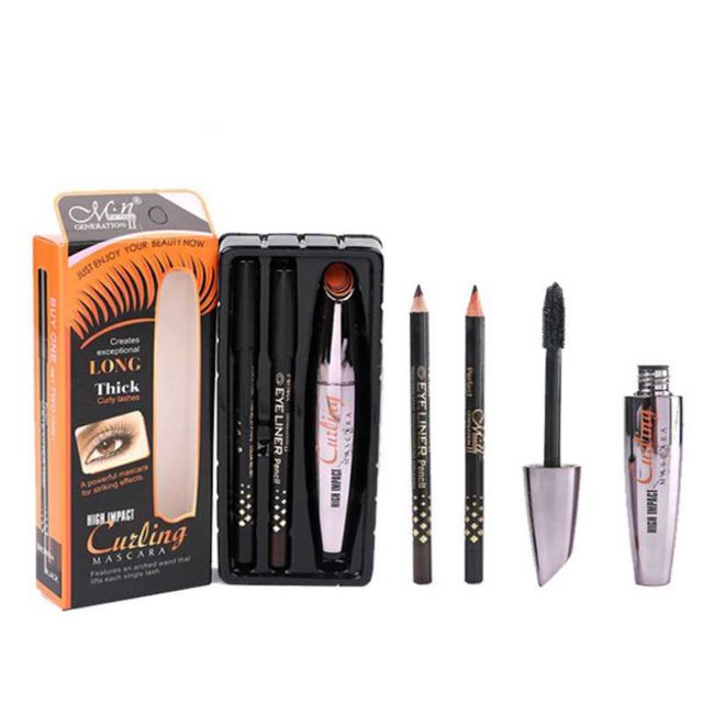 Bộ 3 món trang điểm mắt với mascara dày mi không lem, chì kẻ mắt 2 màu đen và nâu M.N Curling High Impact