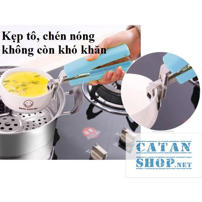 NPP12 -  Kẹp inox gắp chén, dĩa chống trượt. Kẹp gắp bát, tô từ lò vi sóng chống nóng tay có mút silicone chống trượt si