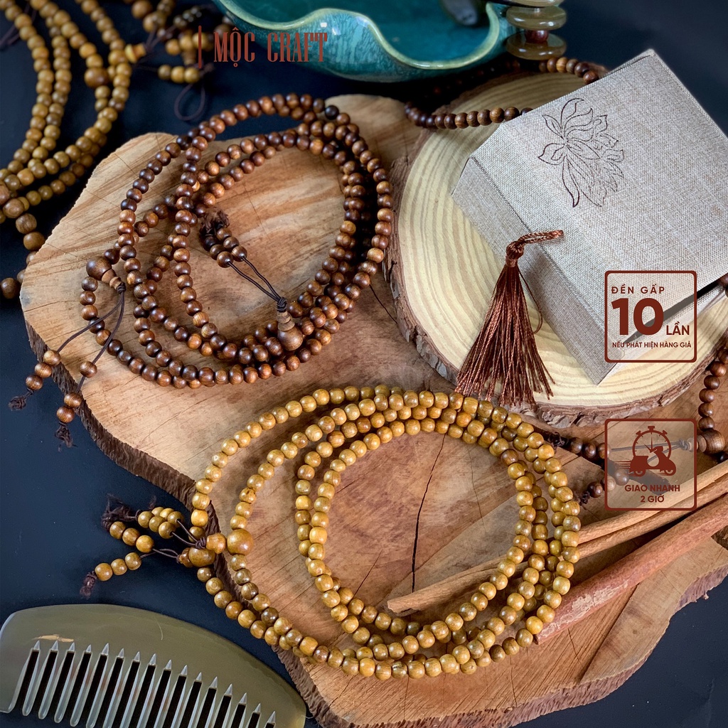 Chuỗi vòng đeo tay phong thủy 108 hạt, gỗ Bách xanh tự nhiên nhiều vòng độc đáo 6mm, 8mm đi kèm hộp quà | TU11