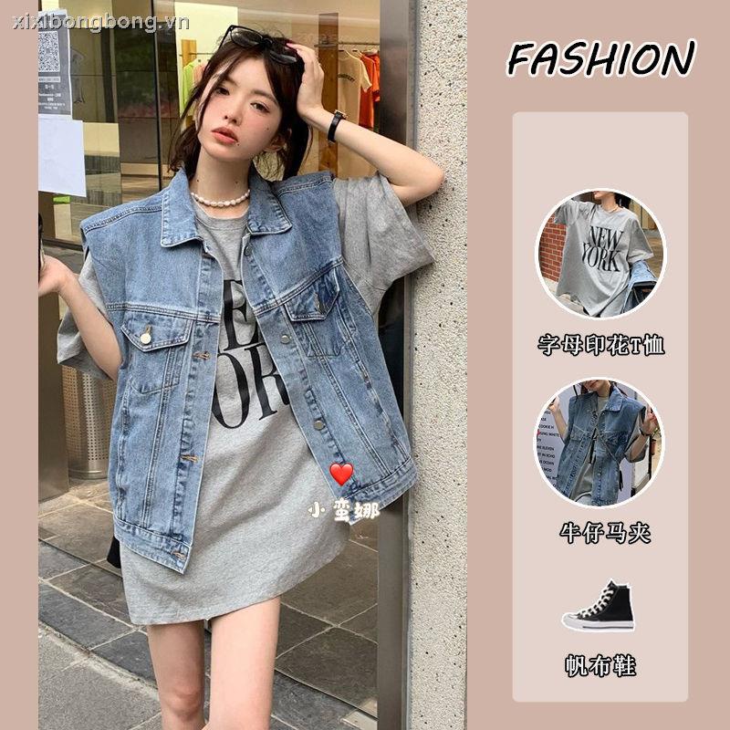 Set Áo Thun Ngắn Tay + Áo Khoác Jeans Cộc Tay In Chữ Thời Trang Nữ
