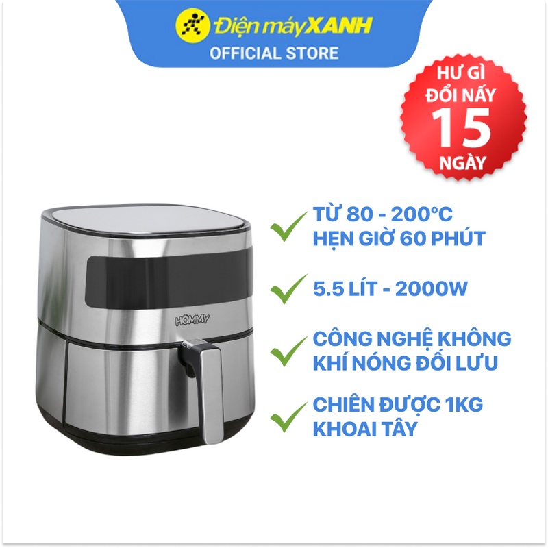 [Mã ELHADEV giảm 4% đơn 300K] Nồi chiên không dầu Hommy BF525 5.5 lít Công suất 2000W BH 12 tháng, Chính hãng