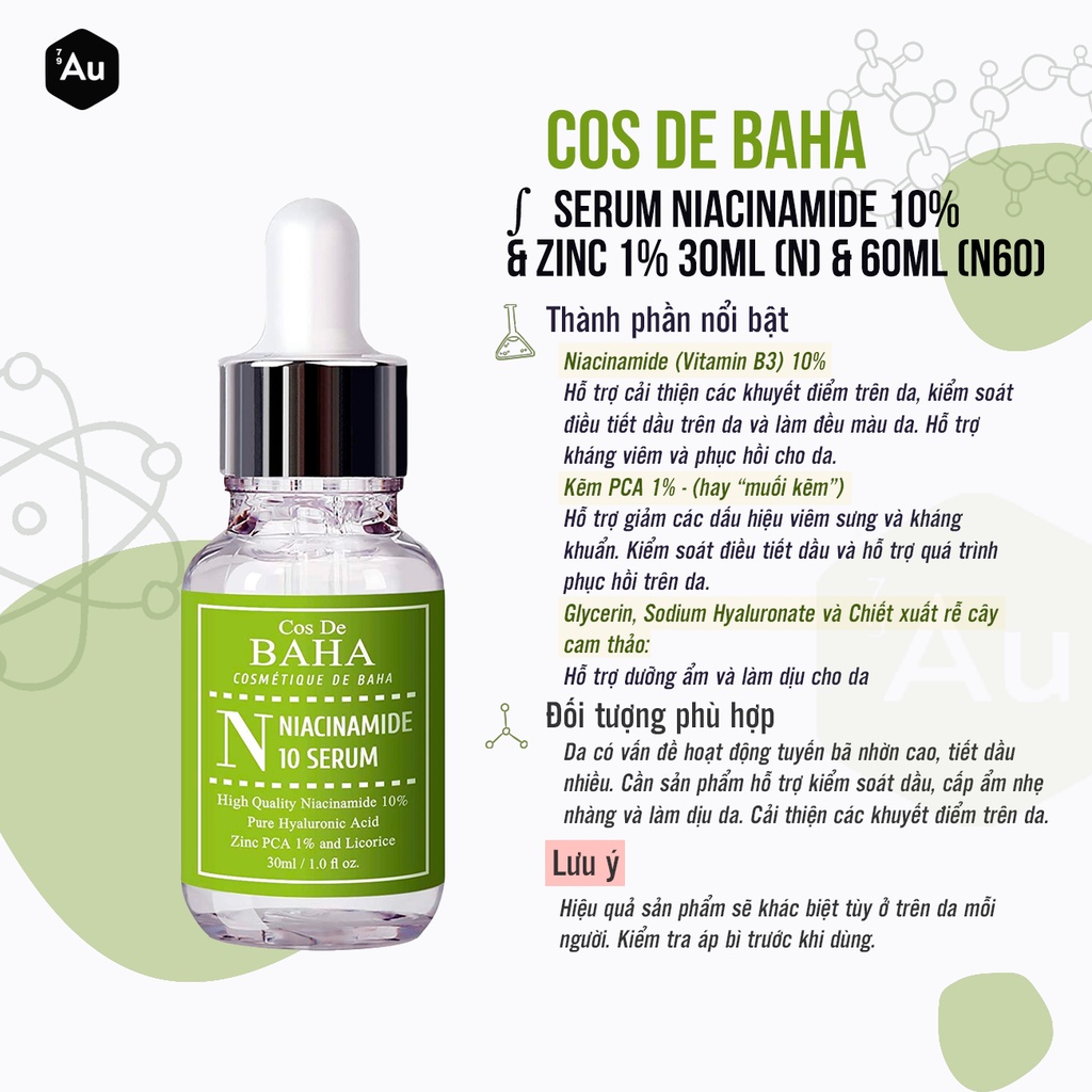 Cos De BAHA | Serum Niacinamide 10% + Zinc 1% - Hỗ Trợ Điều Tiết Dầu, Giảm Viêm và Làm Đều Màu Da 30ML (N) &amp; 60ML (N60)