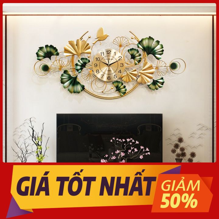 [HÀNG CAO CẤP] Đồng Hồ Treo Tường Trang Trí Nghệ Thuật Lá Xanh 96x50cm Thép Mạ Sơn Chống Gỉ Bạc Màu 2132