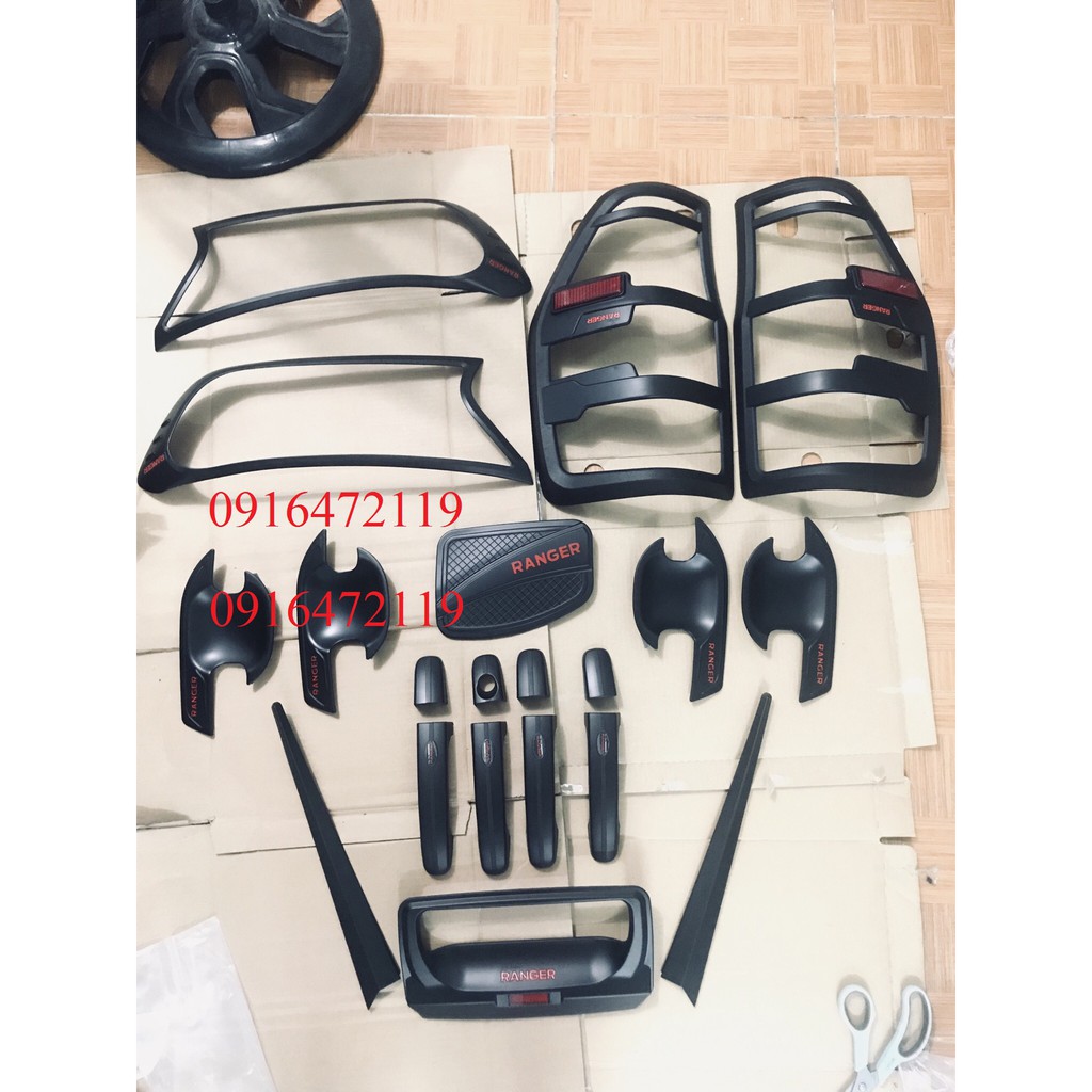 Combo ốp Pha + hậu +tay + hõm+ Hõm cốp + nắp xăng Nhựa đen Ford Ranger 2015- 2021