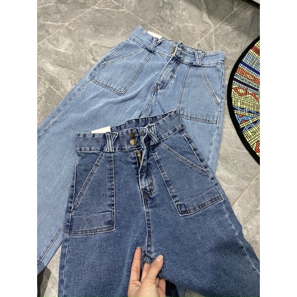 Quần jeans ống rộng túi vuông 2 khuy cạp cao hàn quốc ulzzang