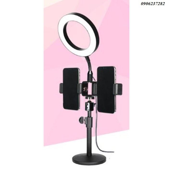 Giá đỡ 2 điện thoại live tream để bàn , Led ring 14cm_RE0341
