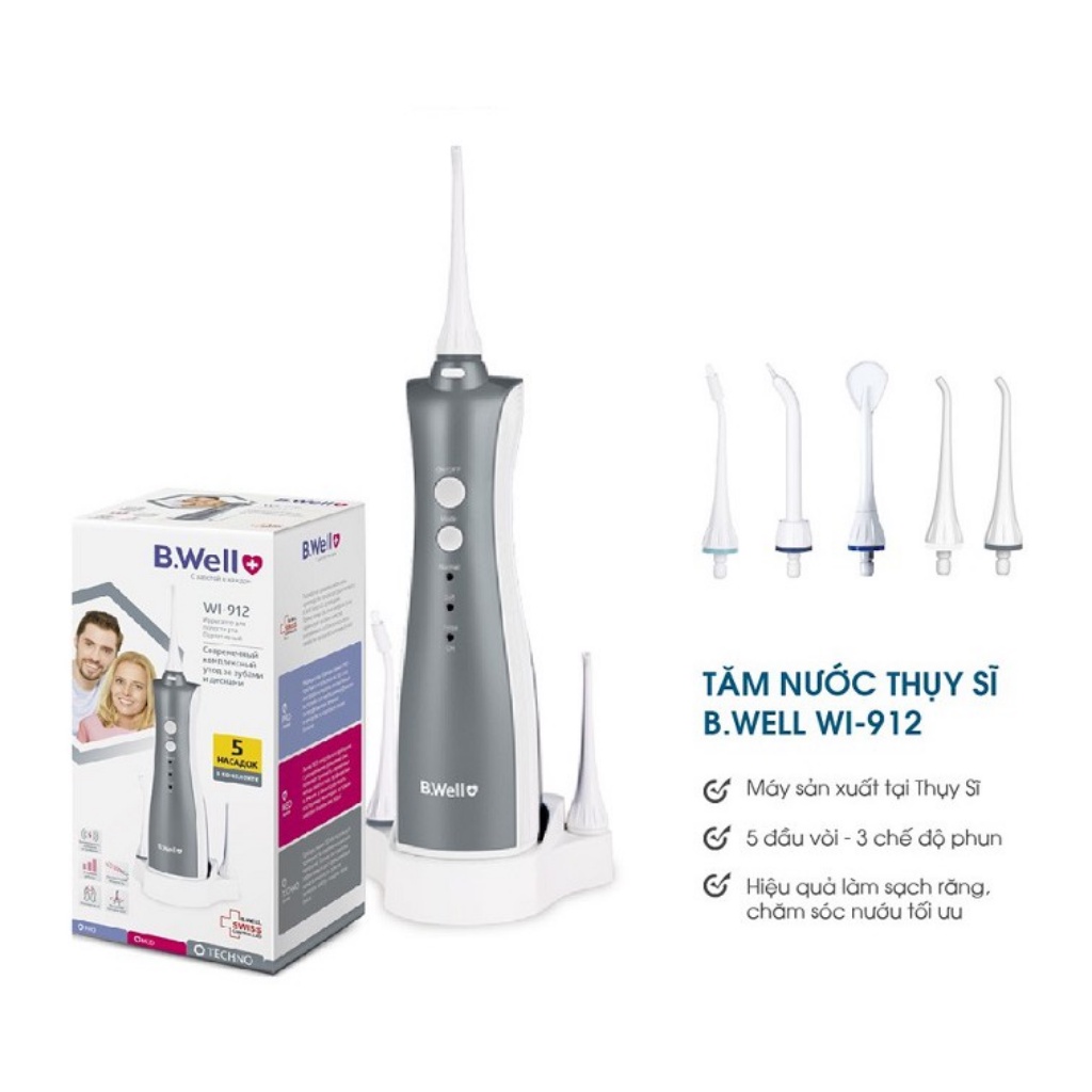 Máy Tăm Nước Cầm Tay B.Well Swiss WI-912 Sản Phẩm Chính Hãng Với 5 Vòi Phun, 3 Chế Độ Chăm Sóc Răng Miệng