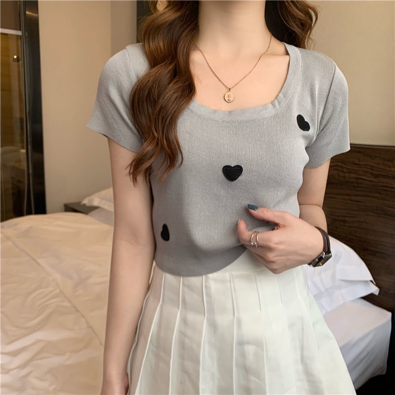 Áo Thun Dệt Kim Mỏng Tay Ngắn Dáng Ôm Thiết Kế Amoi Sense Niche Love Cho Nữ