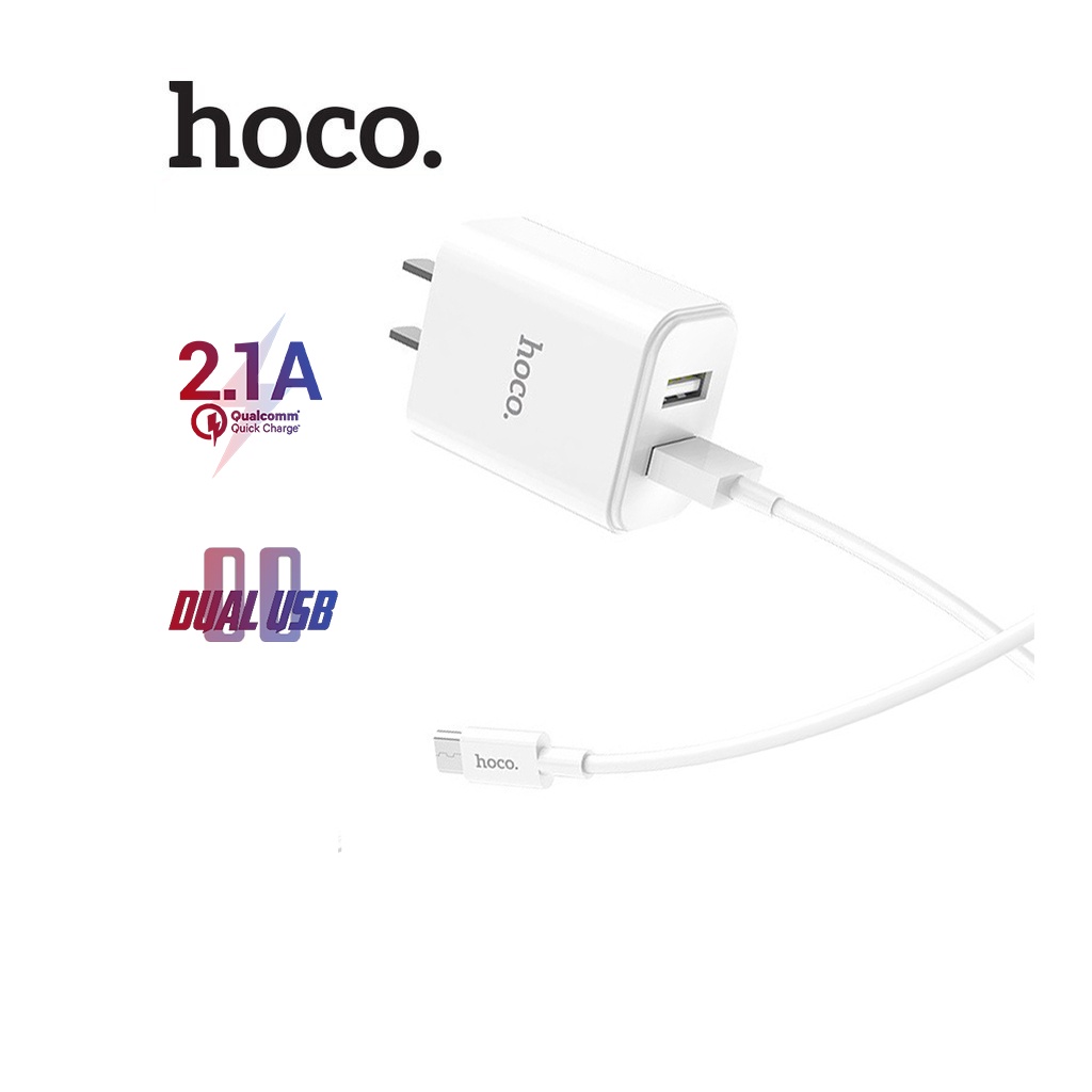 Bộ sạc 2.1A Hoco C62 chân dẹt 2 cổng USB kèm dây sạc Micro dài 1M cho Android
