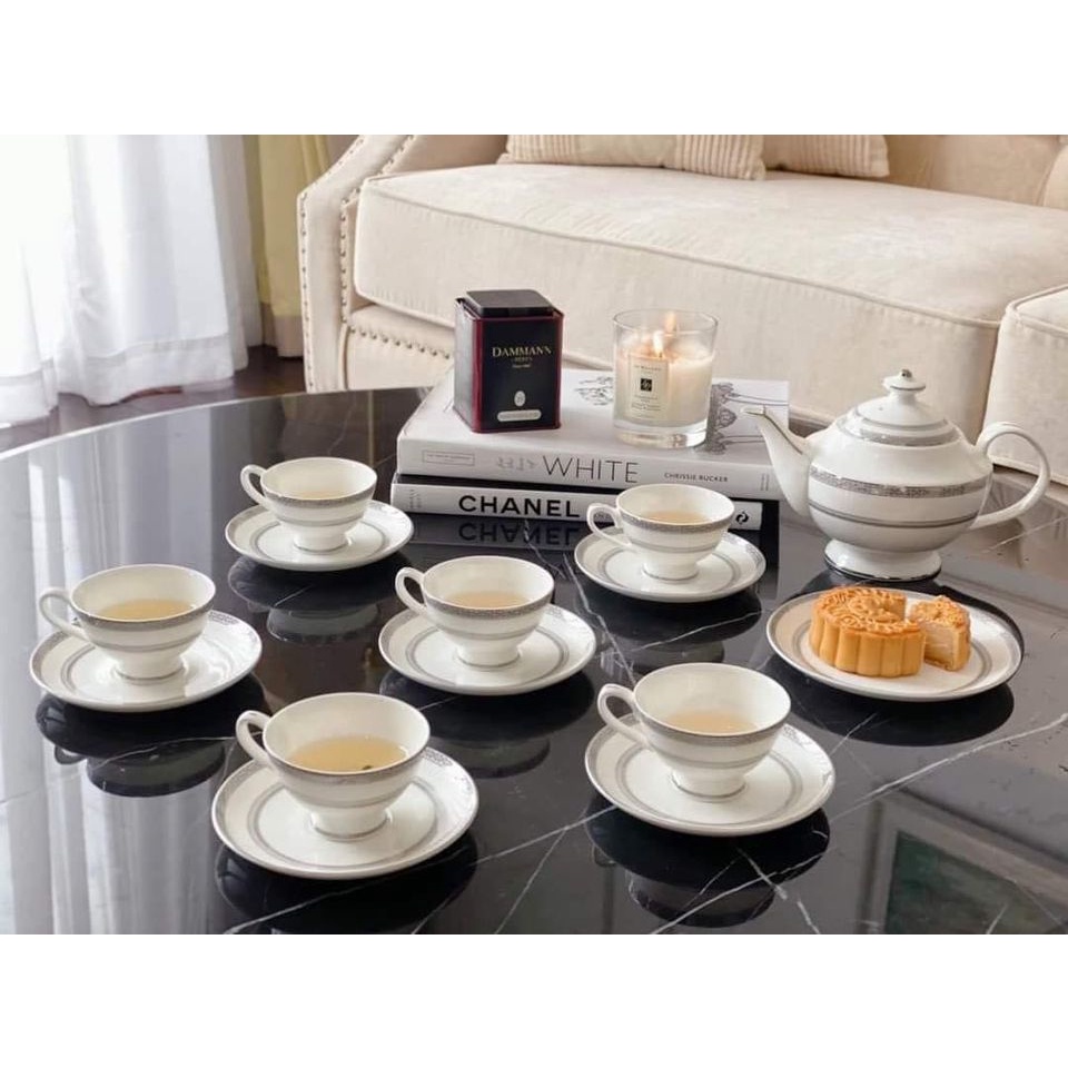 Bộ ấm chén trà sứ xương châu Âu Imperial hoạ tiết Viền Bạc tinh xảo từng đường nét Sang chảnh