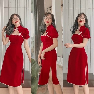 Đầm nhung cổ tàu khoét ngực