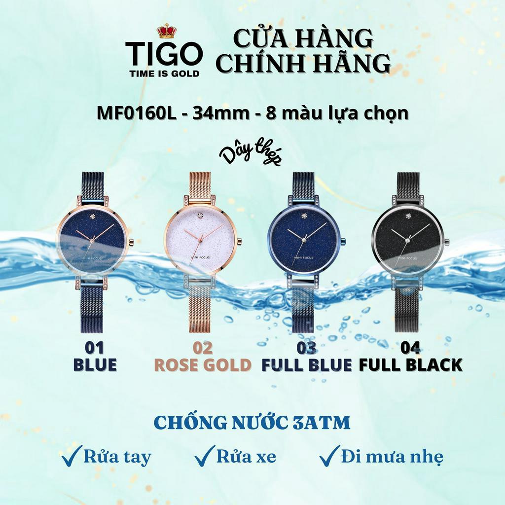 Đồng Hồ Nữ MINI FOCUS MF0160L.03 Dây Thép Xanh Viền Xanh Thép Không Gỉ Cao Cấp Mặt Tròn Đường Kính 34mm Chống Nước
