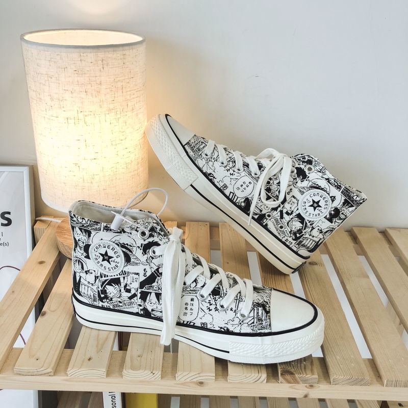 Giày Vải Học Sinh. Giày Thể Thao Vải Canvas Cổ Cao Họa Tiết Anime One Piece Graffiti Thời Trang 2022 Cho Nam