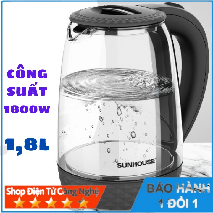 Ấm siêu tốc thuỷ tinh Sunhouse SHD1215 1,8l, công suất 1800w có led