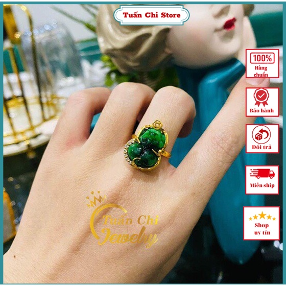 💥BẢO HÀNH💥 Nhẫn Tỳ Hưu Tài Lộc Kết Hợp Đá Phong Thủy Cẩm Thach, Bọc 10kara Chuẩn